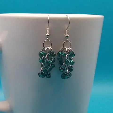 Shaggy Loops Chainmaille Earrings - silver-lined teal beads x2