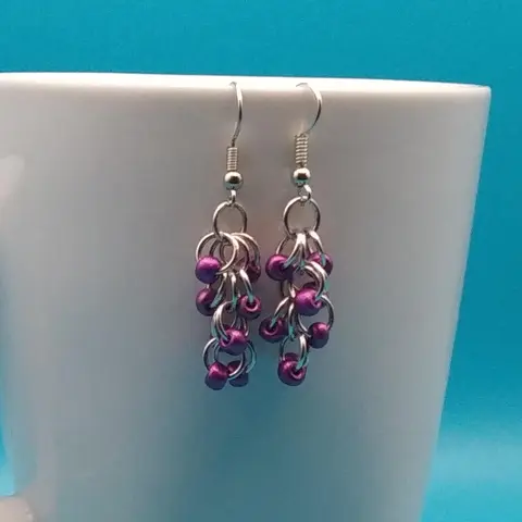 Shaggy Loops Chainmaille Earrings - metallic violet beads