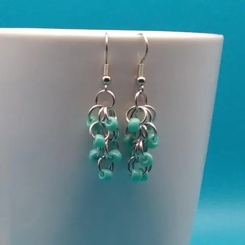 Shaggy Loops Chainmaille Earrings - opaque turquoise beads