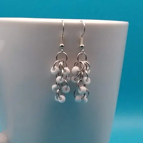 Shaggy Loops Chainmaille Earrings - white beads