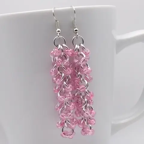 Shaggy Loops 3" Chainmaille Earrings - 2x pink luster beads