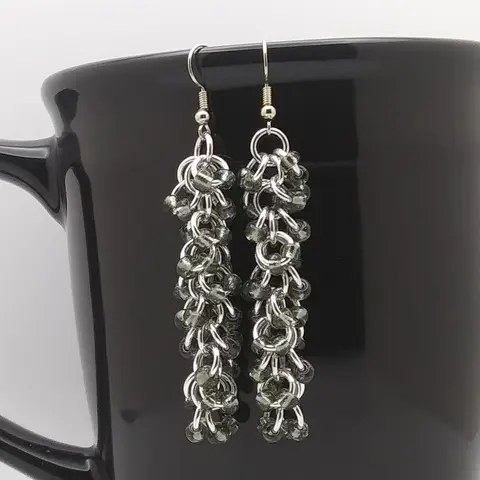 Shaggy Loops 3" Handmade Chainmaille Earrings - 2x Silver-Lined Grey Beads