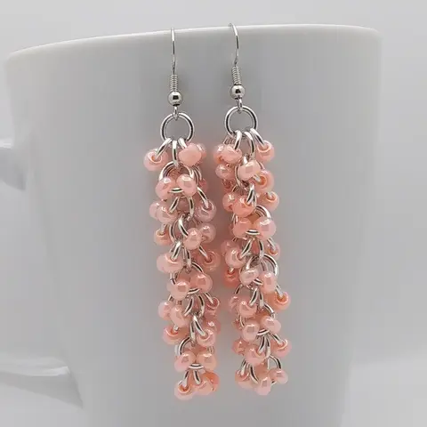 Shaggy Loops 3" Chainmaille Earrings - 2x coral beads