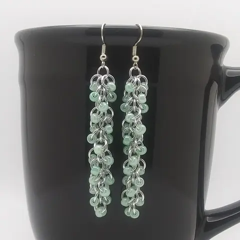 Shaggy Loops 3" Chainmaille Earrings - green beads