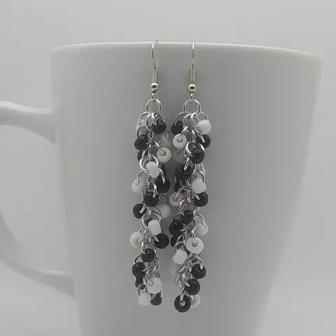 Shaggy Loops 3" Handmade Chainmaille Earrings - Black and White Beads