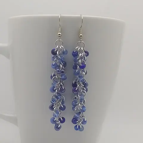 Shaggy Loops 3" Chainmaille Earrings - sapphire mix beads