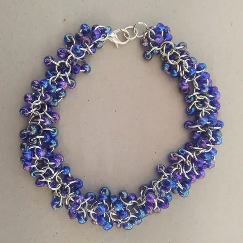 Shaggy Loops 8" Handmade Chainmaille Bracelet - Sapphire Rainbow Beads