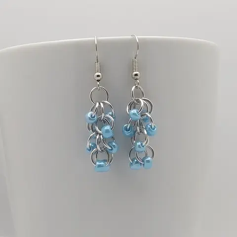 Shaggy Loops Handmade Chainmaille Earrings - Blue Beads