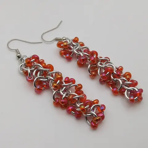 Shaggy Loops 3" Handmade Chainmaille Earrings - 2x Red Rainbow Beads