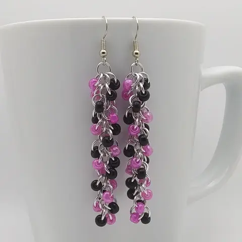 Shaggy Loops 3" Handmade Chainmaille Earrings - Black and Rose Beads