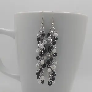 Shaggy Loops 3" Handmade Chainmaille Earrings - Black and White Beads